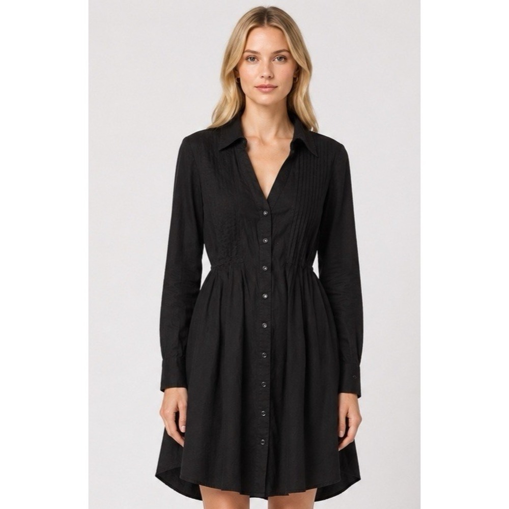 Stetson Black Shirt Dress Western Rodeo Pintuck Button Front Fit Flare SZ Large - Picture 10 of 11